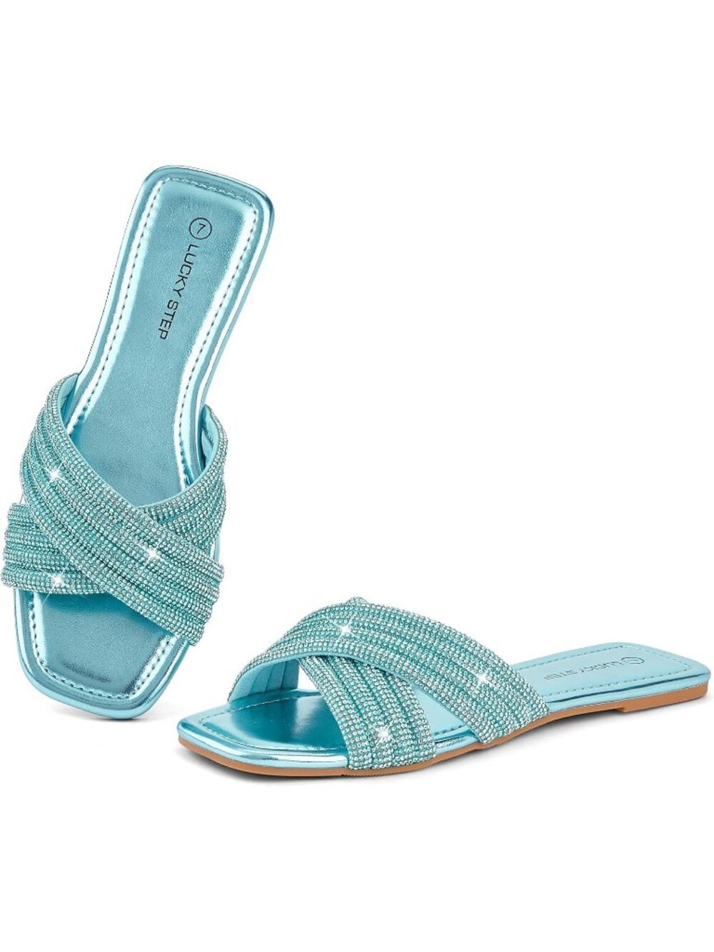 🆕Women's Blue Rhinestone Flat Sandals Glitter Slide Sparkle Open Toe